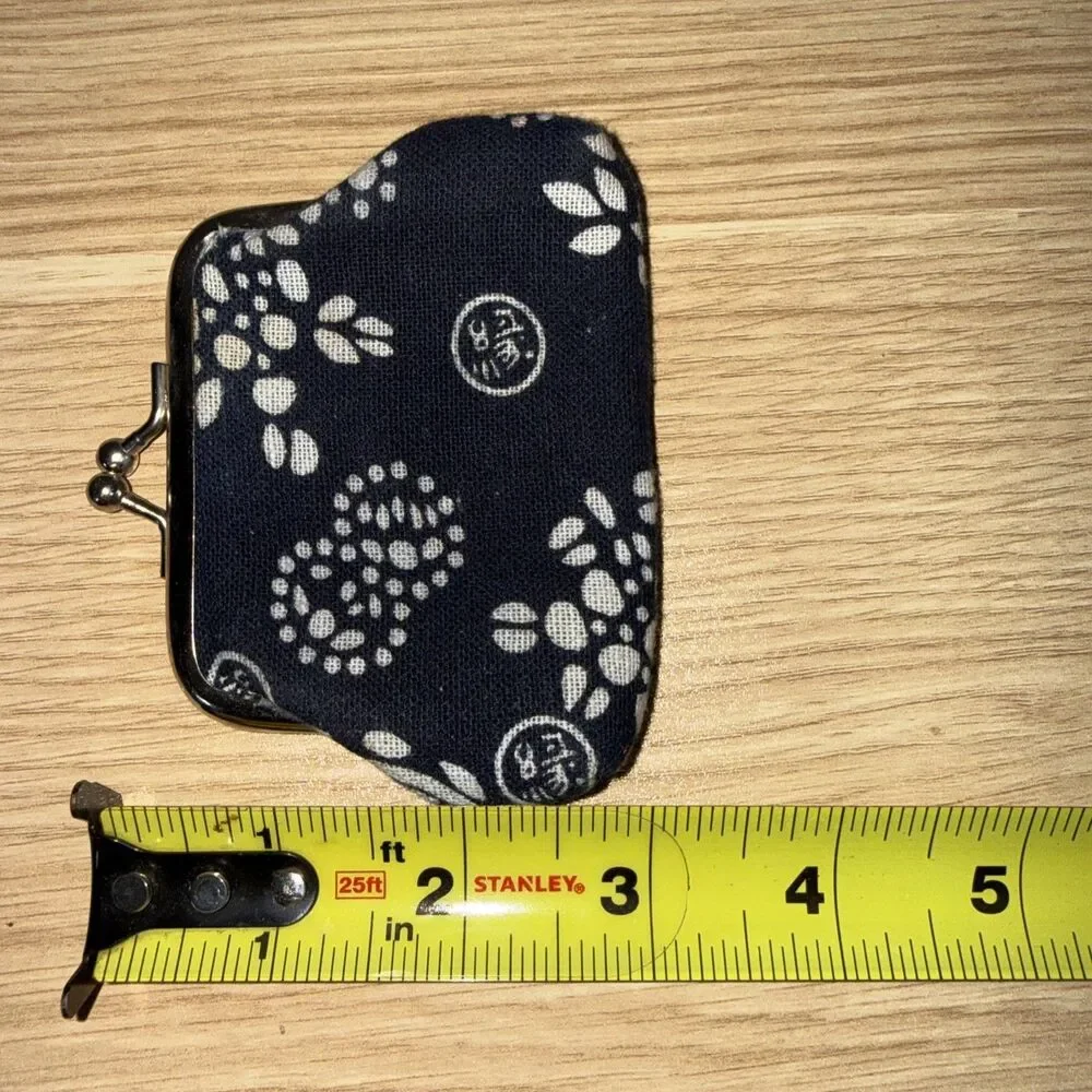 Vintage Chinese Indigo Blue Batik Coin Purse Kiss Lock Fabric Shou Motif Pouch
